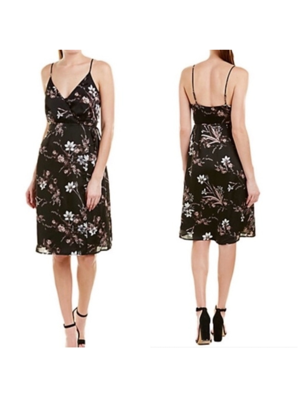 ASTR The Label Black Satin Floral Wrap Dress Women's Size Small Wedding Guest